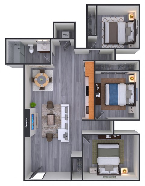 A 3D floor plan of a small apartment with a kitchen, living room, and two bedrooms.